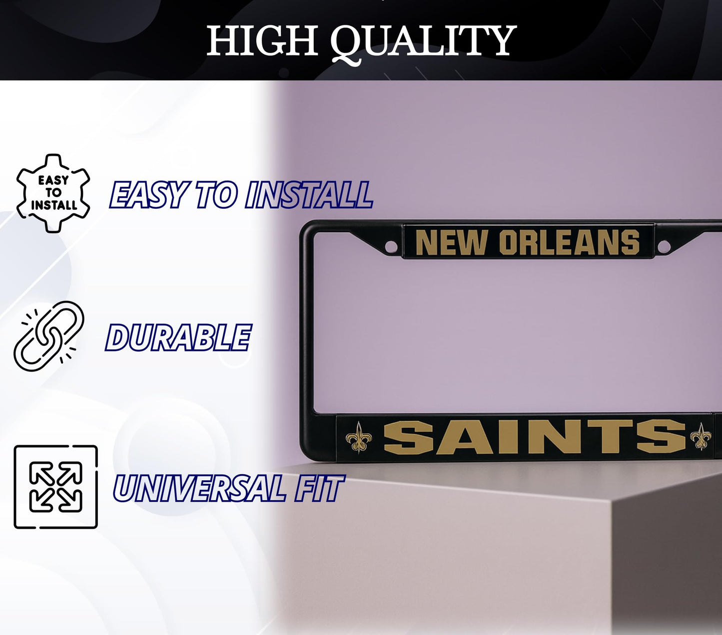 Personalized Car License Plate Frame - License Plate Frame New Orlean, Saints - Metal Plate Frame with 2 Holes and Screws 6x12.25 inches - Standart Cars USA Stainless Steel Frame for Front and Rear