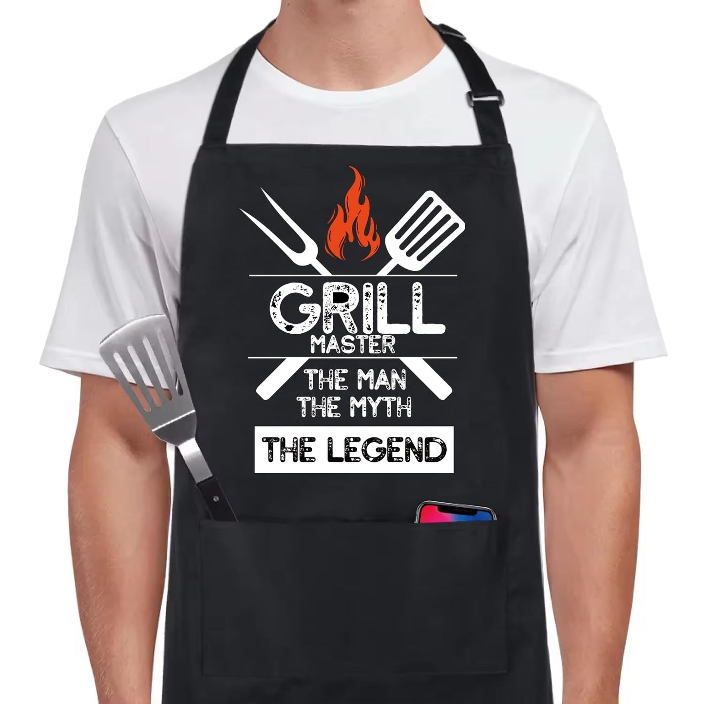 ULVEOL Baking Aprons for Women and Men - Grill Master The Man The Myth The Legend Prints Apron - Adjustable Kitchen Cooking Aprons with 2 Pocket - Funny BBQ Black Chef Aprons for Boys or Girls