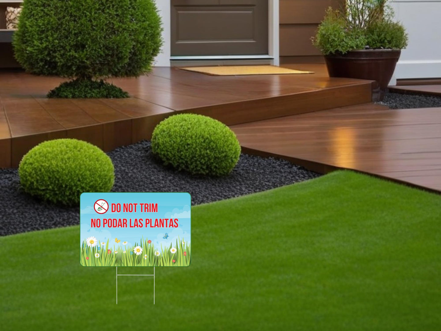 Set of 3 Double Sided 12x8 Inches Do not Trim Yard Signs with Metal Stakes - No Podar Las Plantas sign for Outdoor or Indoor - Double Sided Bilingual Plant Sign or Plastic Garden Sign