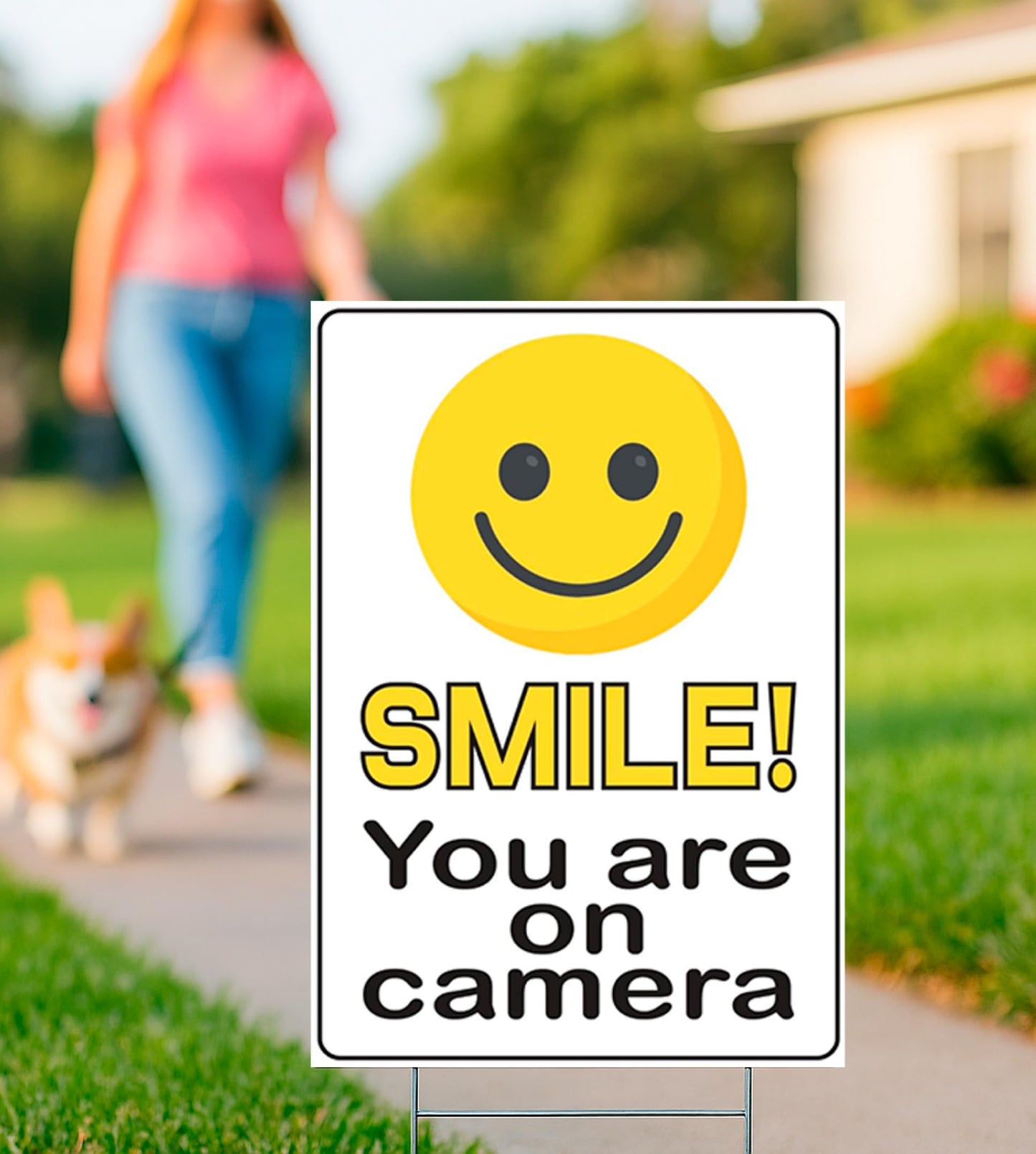 Pack of 3 Funny Smile You're On Camera Yard Signs with H-Stakes - 12"x8" Double-Sided Video Surveillance Sign Outdoor - Security Camera Plastic Sign for Yard Home House - Video Surveillance Signs