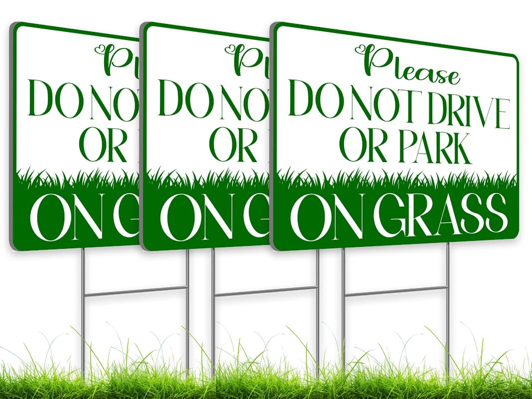 8x12 inch 3 Pack Please Do Not Drive or Park on Grass Yard Sign - No Parking on Grass Sign - Stay Off Grass Signs for Yard - No Parking Signs with Stand - Stay Off Lawn Sign - Keep off Grass Sign