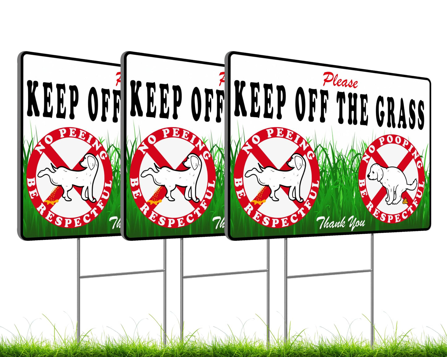 Set of 3 Please Keep Off Grass Sign with Metal Stakes - 8x12 Inches Double Sided No Dog Pooping or Peeing Signs - Keep Dogs Off Lawn Sign - Curb Your Dog Sign - Dog Walk Off Lawn Do Not Step Signs