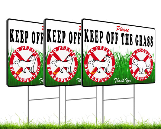 Set of 3 Please Keep Off Grass Sign with Metal Stakes - 8x12 Inches Double Sided No Dog Pooping or Peeing Signs - Keep Dogs Off Lawn Sign - Curb Your Dog Sign - Dog Walk Off Lawn Do Not Step Signs