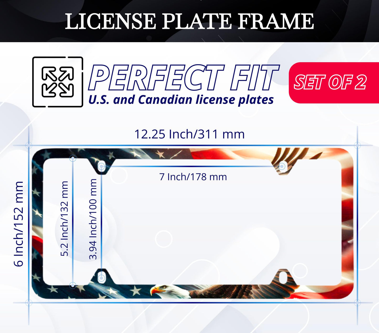 Set of 2 Personalized Car License Plate Frames for US Standard Frame American Flag Eagle - Plate Frame 6 x 12.25 inches and 4 Holes and Screws - Americane License Plate Frame Car Universal Accessories