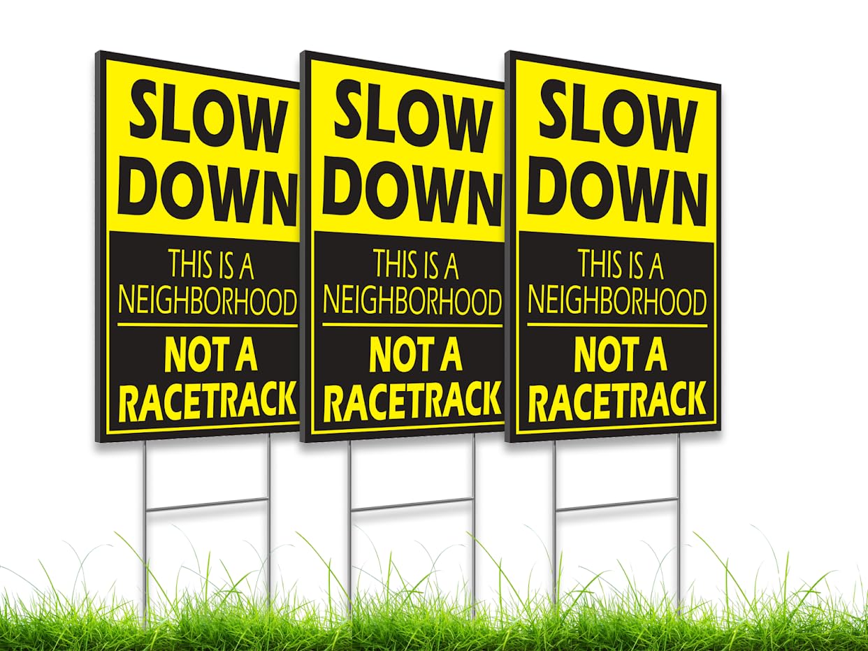 Set of 3 Please Slow Down Signs for Neighborhoods with Metal H-Stake 12x8 - Plastic Double Sided Street Slow Sign - Children at Play Safety Signs for Street - Drive Like Your Kids Live Here Yard Sign