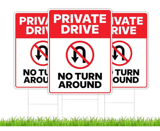 Pack of 3 Private Drive No Turn Around Sign with Metal Stakes - 12x8 Inches Do Not Enter No Trespassing Sign - No Parking Private Driveway Sign - Plastic Street Sign Road Private Property