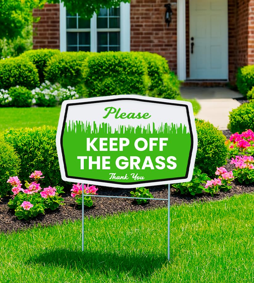 Set of 3 Double Sided 12x8 Inches Plastic Please Keep Off The Grass Thank You Signs with Metal H-Stakes - Curb Your Dog no Pooping and Peeing Lawn Signs - No Dog Poop Signs for Yard Decoration