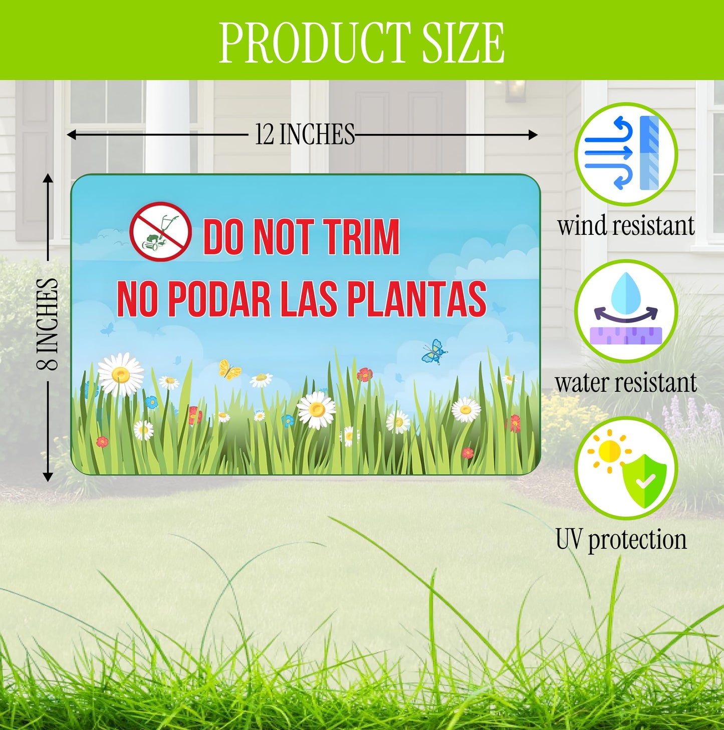 Set of 3 Double Sided 12x8 Inches Do not Trim Yard Signs with Metal Stakes - No Podar Las Plantas sign for Outdoor or Indoor - Double Sided Bilingual Plant Sign or Plastic Garden Sign