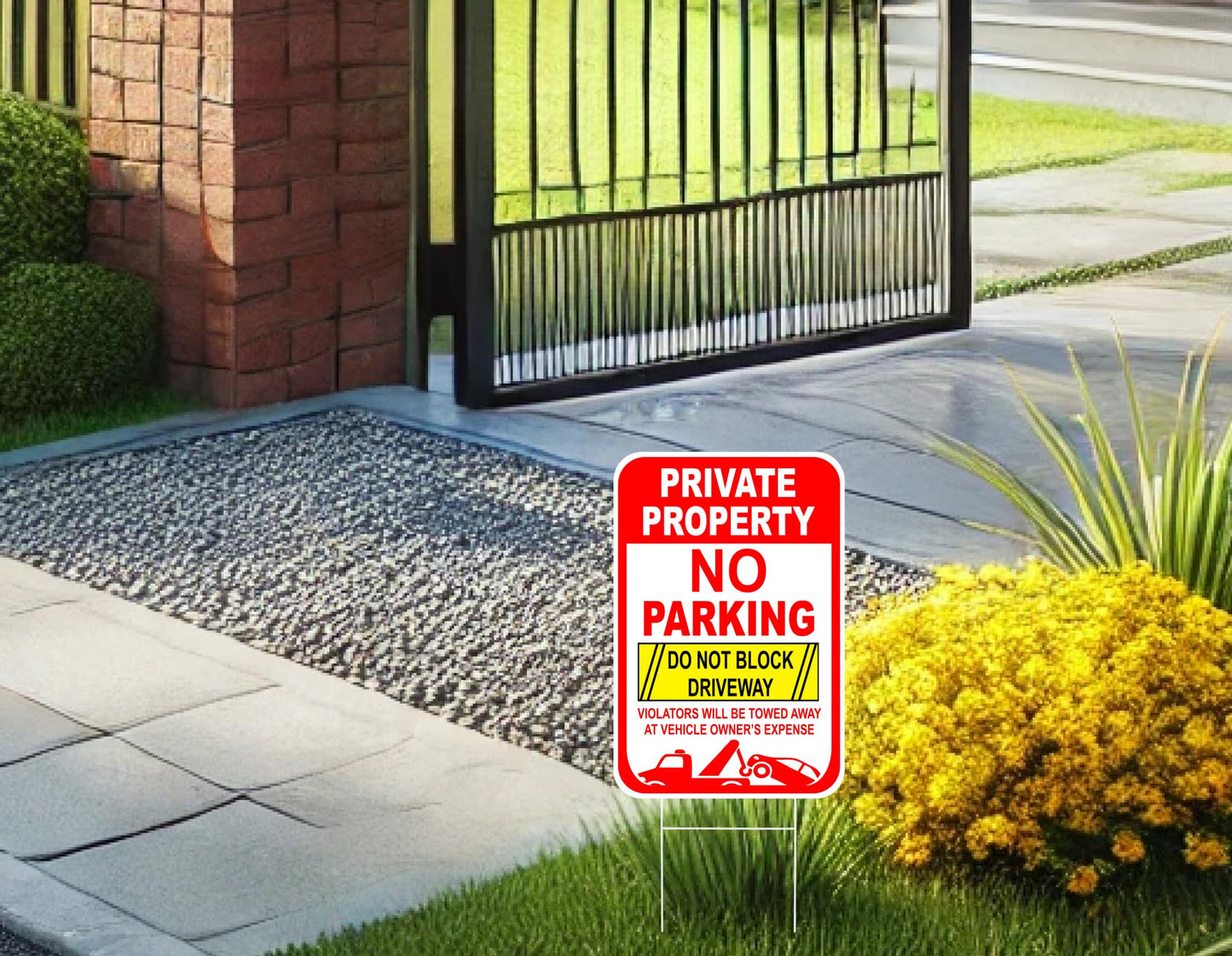 Set of 3 Double Sided 12x16 Inches Private Property No Parking Do Not Block Driveway Sign with Metal Wire H-Stakes - Violators Will Be Towed Away at Vehicle Owner's Expense Plastic Sign