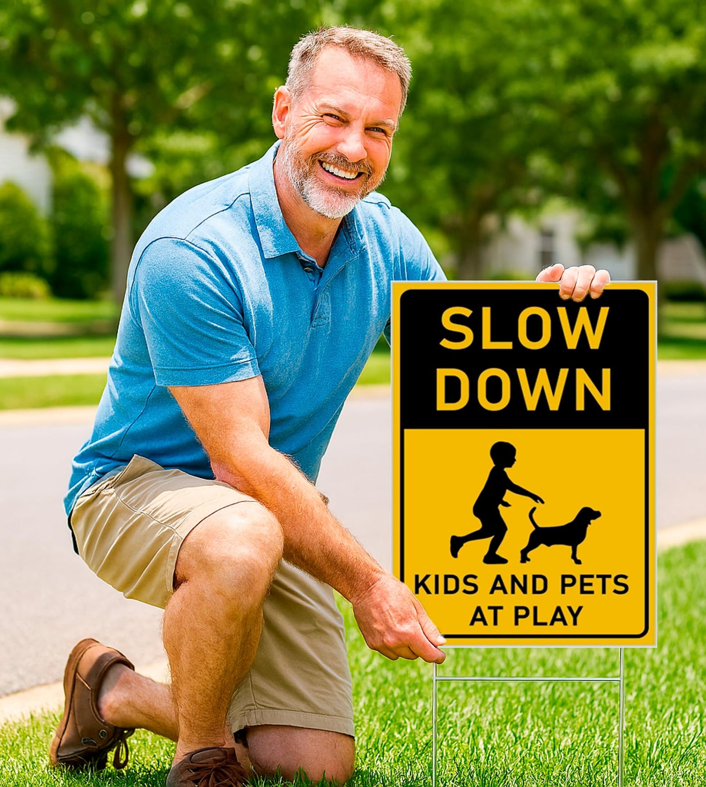 8x12 inch 3X Slow Down Kids and Pets at Play Yard Plastic Signs with Metal Wire H-Stakes - Street Slow Children at Play Double Sided Sign - Drive Like Your Kids Live Here - Easy to Mount for Driveway
