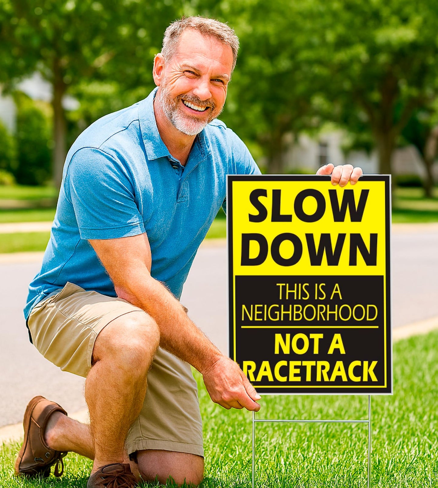 Set of 3 Please Slow Down Signs for Neighborhoods with Metal H-Stake 12x8 - Plastic Double Sided Street Slow Sign - Children at Play Safety Signs for Street - Drive Like Your Kids Live Here Yard Sign