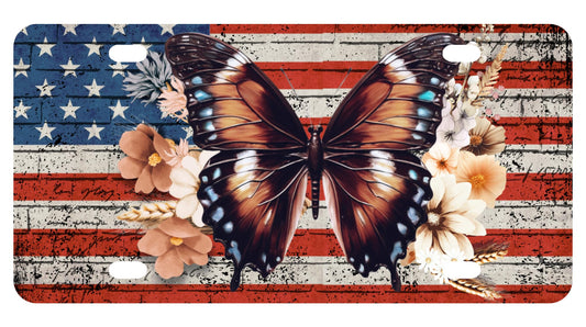 Personalized American Flag Butterfly License Plate - Cover Vintage US Flag Flower Car Front License Plate - Funny Colorful Car Decoration - Standart Cars USA and Canada Tag Frame for Front