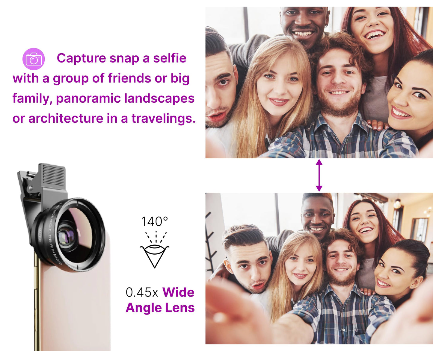 Black Phone Micro Angle Camera Lens - Micro Lens 0.45x for iPhone Samsung and Android - Phone Lens Attachment for Video or Photo Shooting - iPhone Camera Lens Accessory with Clip-on