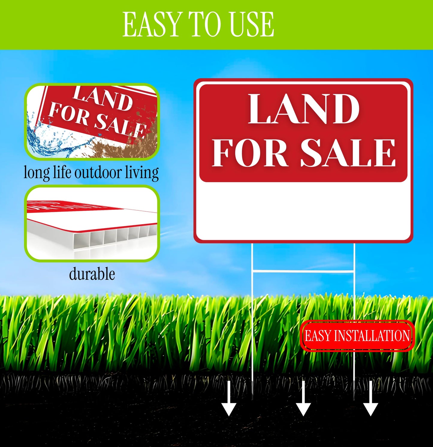 3X Double Sided 12x16 Inches Land for Sale Yard Sign with Metal Stakes - House For Sale Plastic Signs for Real Estate Agent Realtor Supplies - for Outdoor Home - Perfect for Home Owners Real Estate