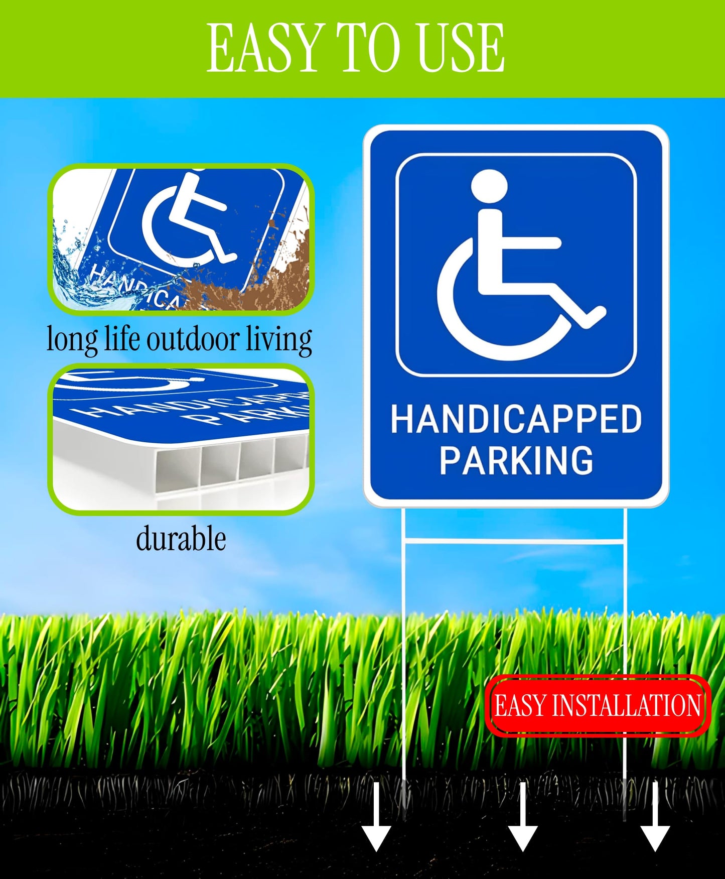 Set of 3 Double Sided 12x8 Inches Handicapped Parking with Metal Wire H-Stakes - Plastic Reserved Parking Signs for Handicapped Only - Yard Signs with Parking Space for Indoor or Outdoor