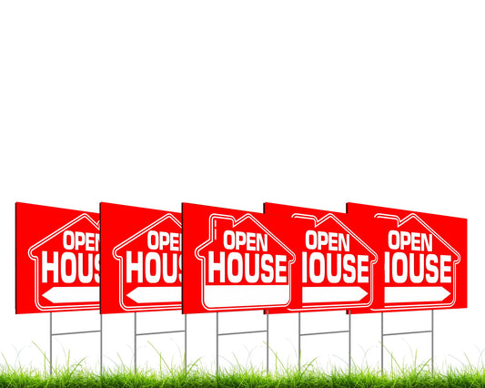 Pack of 5 12x8 Inch Open House Signs for Real Estate Agent Supplies for Sale Sign with H Wire Stakes - Realtor Supplies for Sent Houses for Sale By Owner Yard Sign - Moving Sale Directional Signs Kit