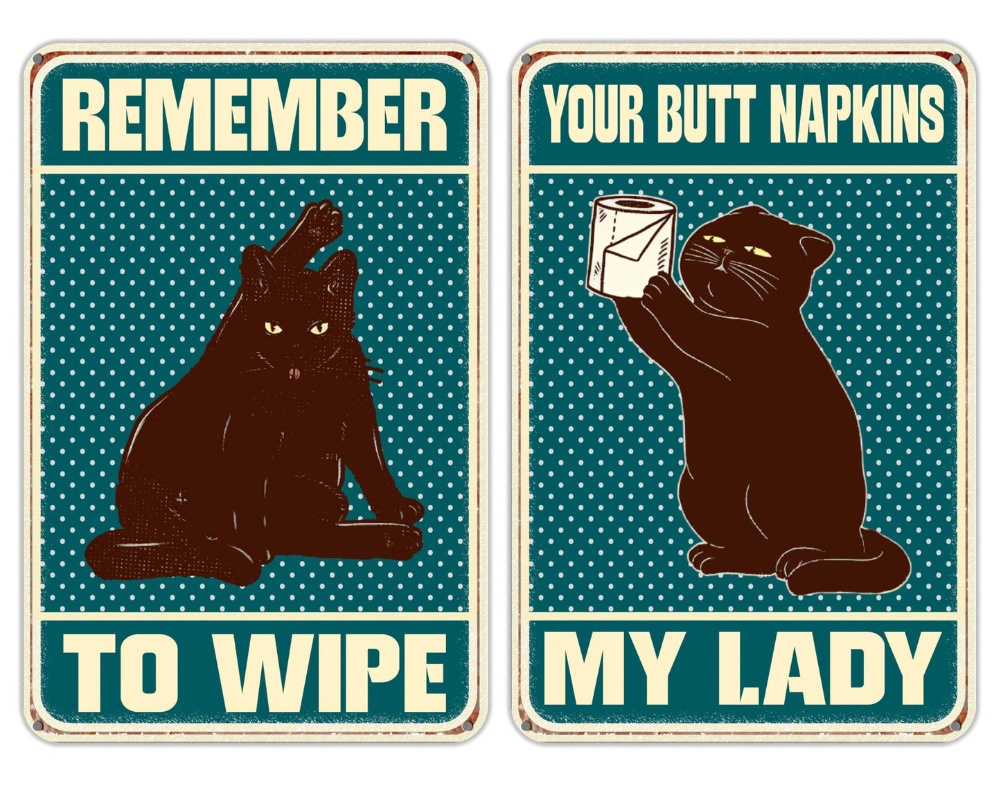 Set of 2 Remember Bathroom and Remember Toilet Signs - Funny Black Cat Poster - Decoration Metal Tin Sign Bathroom Wall Decor Sign or Toilet - Animals Sign for Washroom Decorations