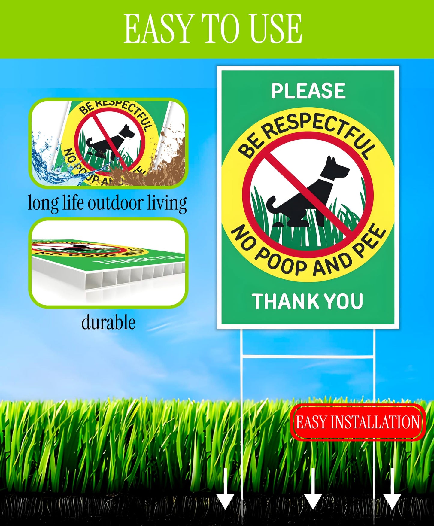 Set of 3 Double Sided 12x8 Inches Please Be Respectful No Poop And Pee Thank You Plastic Sign with Metal Stakes - No Pet Pooping or Waste or Poop - No Pooping and No Peeing Dog Yard Signs