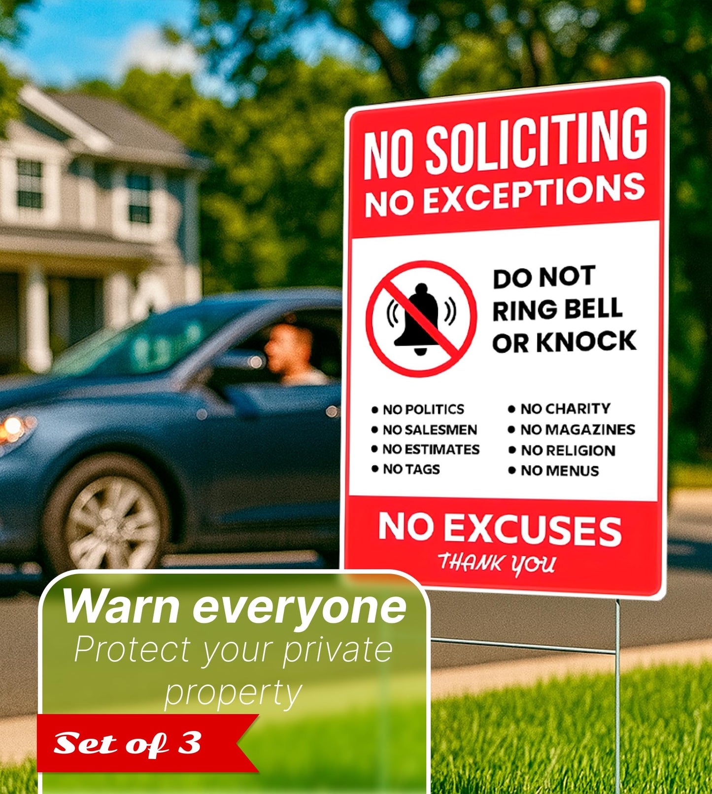 12x16 Inch 3X No Soliciting No Exceptions Plastic Sign with Metal Stakes - Fun Decor for Home House Yard - No Exceptions Do Not Ring Bell No Knock Double Sided Signs - No Excuses Lawn Sign for Outdoor