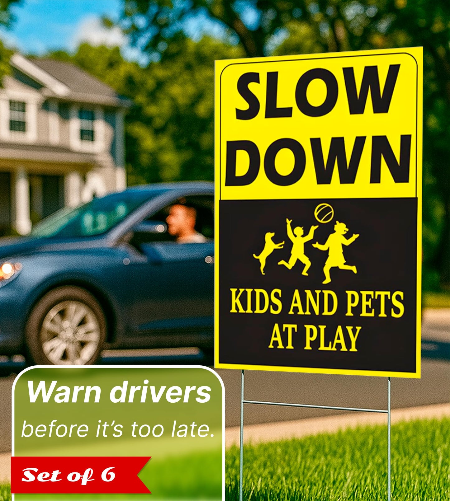 6 Pack 8x12 inch Double Sided Please Slow Down Kids and Pets at Play Yard Plastic Signs with Metal Wire H-Stakes - Drive Like Your Kids Live Here Sign - Children At Play Safety signs for Street Sign