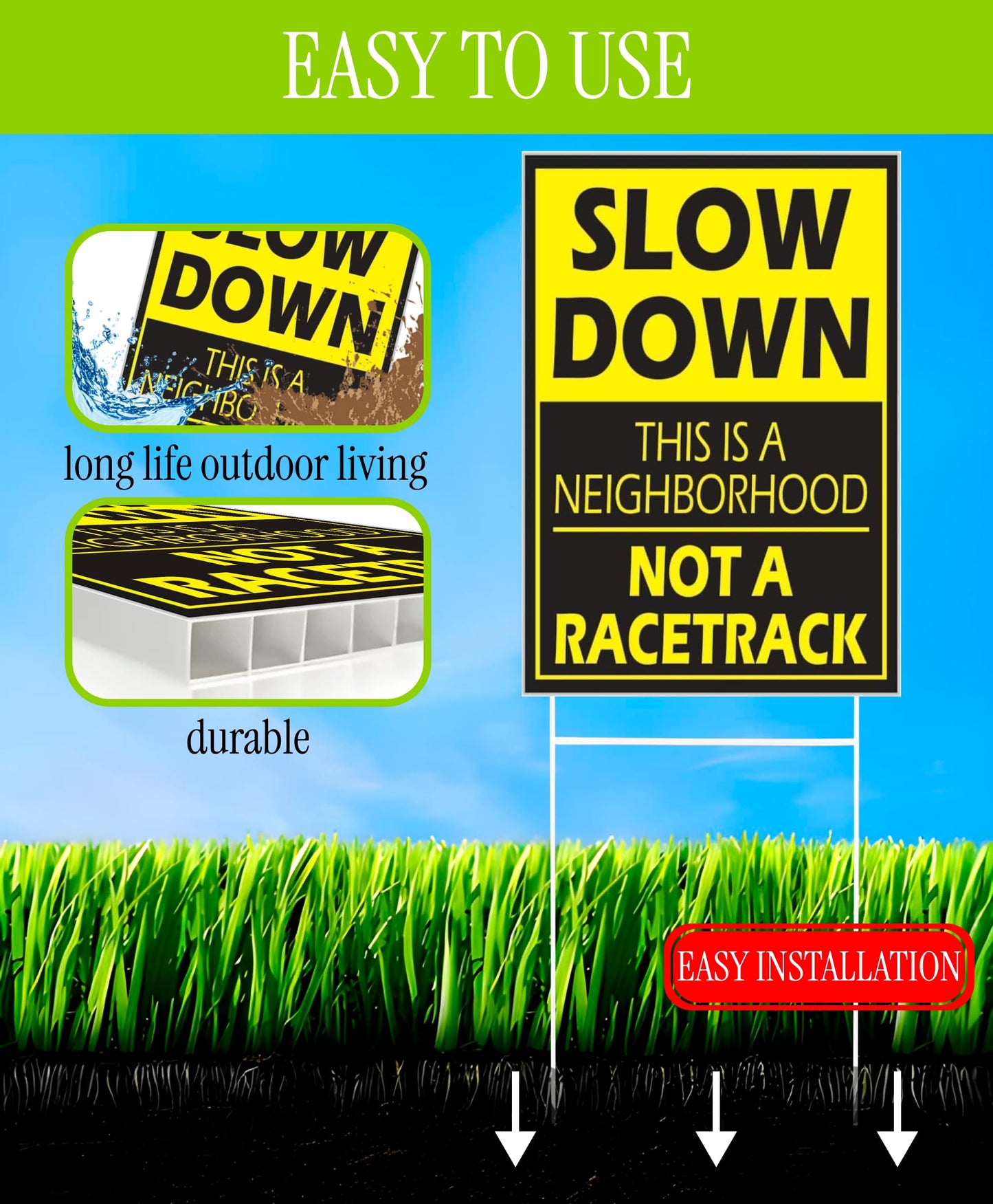 Set of 3 Please Slow Down Signs for Neighborhoods with Metal H-Stake 12x8 - Plastic Double Sided Street Slow Sign - Children at Play Safety Signs for Street - Drive Like Your Kids Live Here Yard Sign