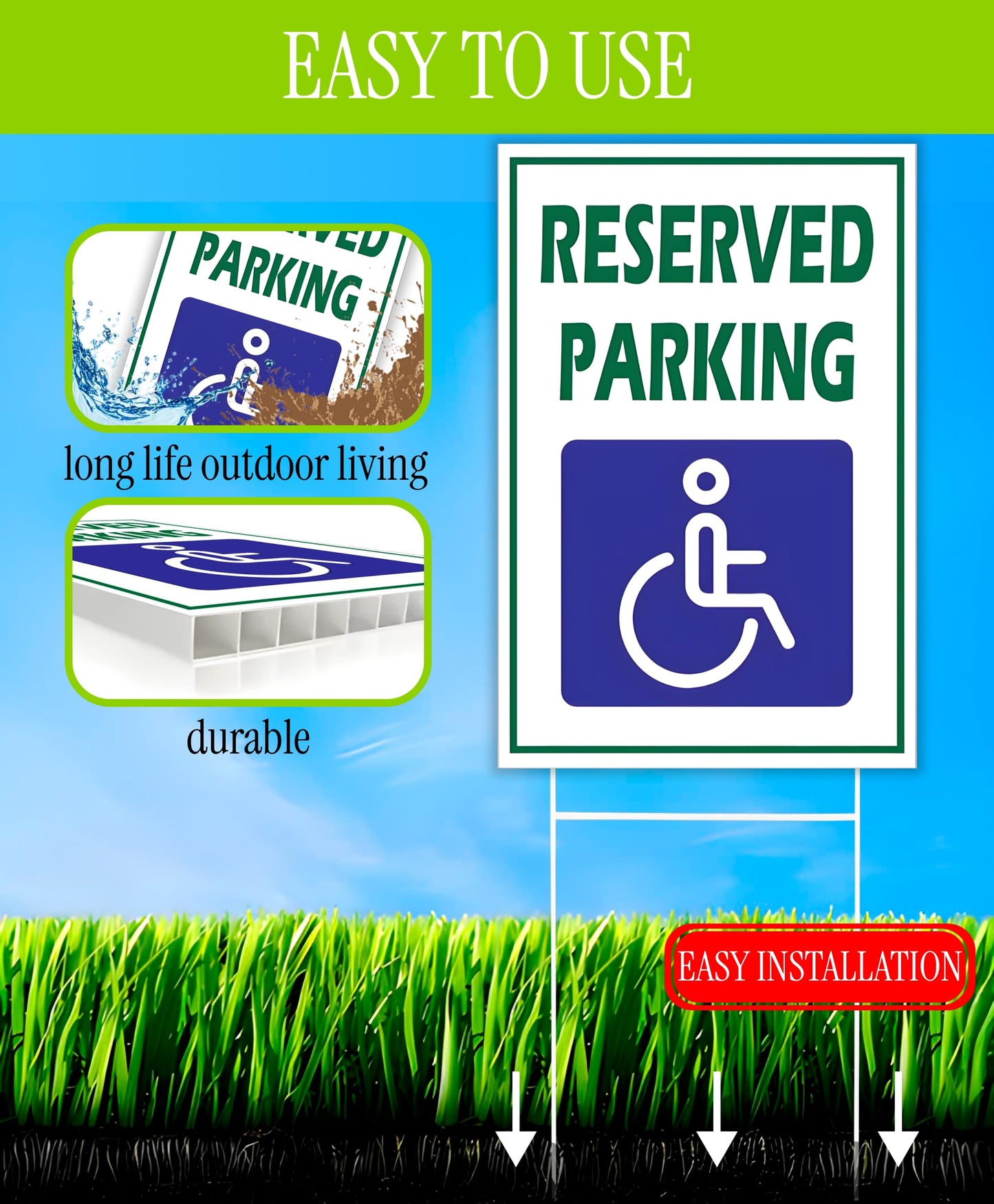 Pack of 3 Reserved Parking Double Sided Sign 12x8 inch with Metal H-Shaped Stakes - Handicap Parking Signs with Picture of Wheelchair Sign - Road Traffic Yard Plastic Signs