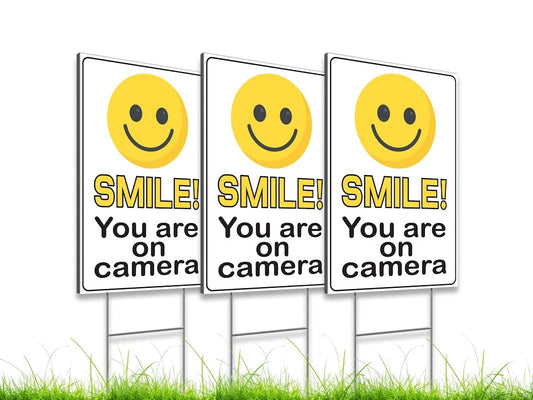 Pack of 3 Funny Smile You're On Camera Yard Signs with H-Stakes - 12"x8" Double-Sided Video Surveillance Sign Outdoor - Security Camera Sign for Yard Home House - Video Surveillance Signs