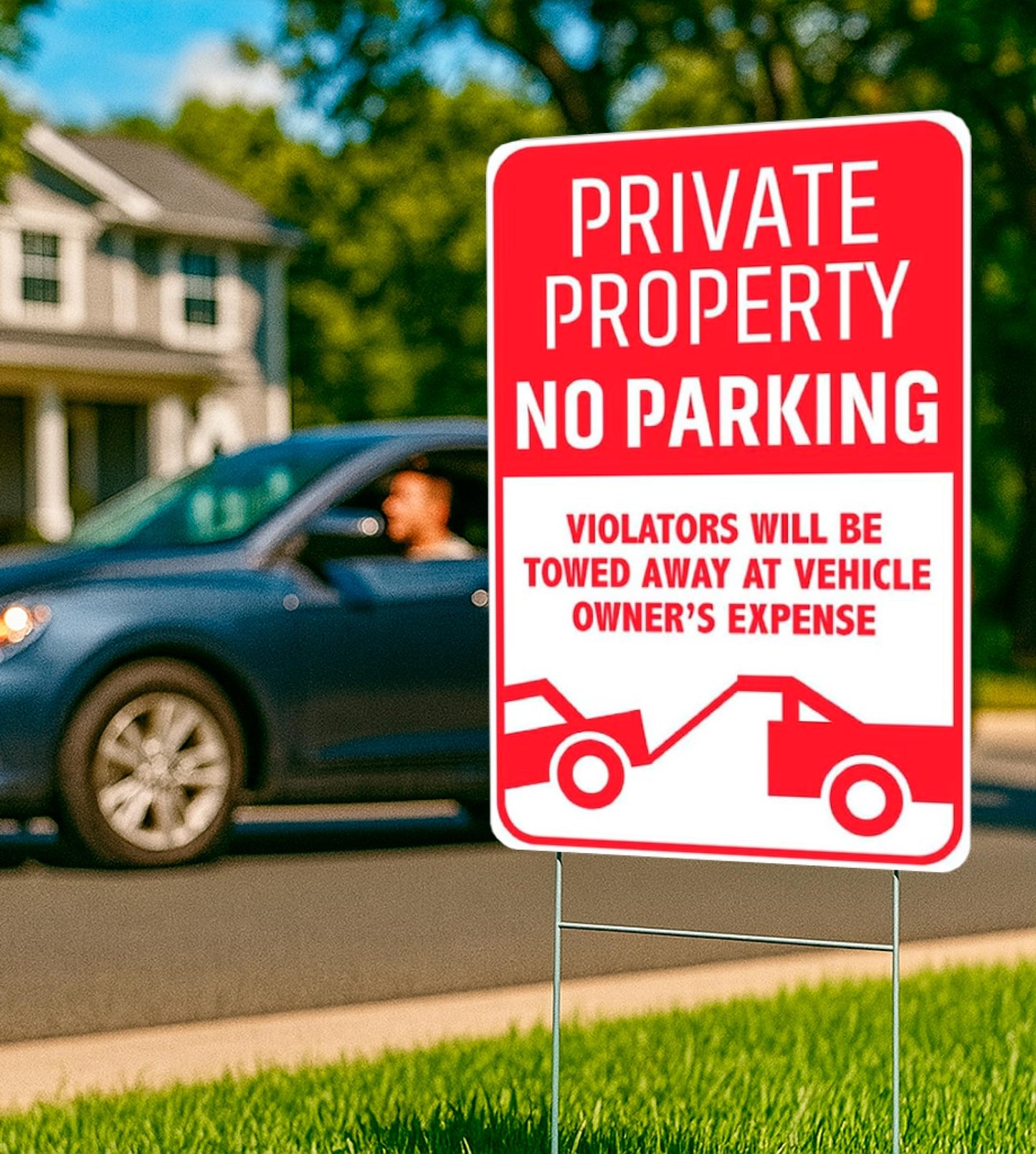 3X Private Property No Parking Plastic Sign with H-Stakes - 12x8 Inch No Parking Signs for Business - Stay Off Grass Double Sided Signs for Yard - Violators Will Be Towed Away Vehicle Owner's Expense