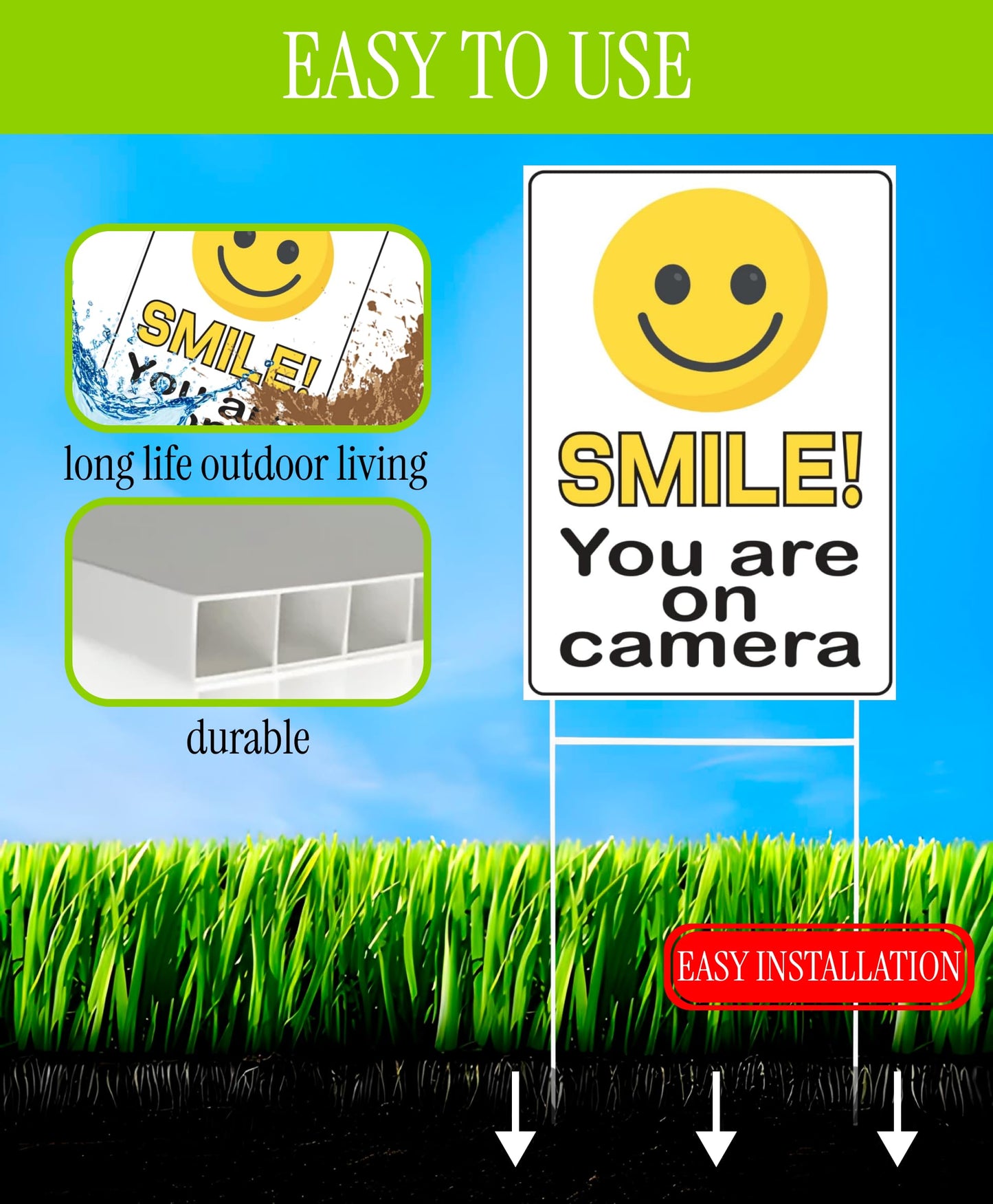Pack of 3 Funny Smile You're On Camera Yard Signs with H-Stakes - 12"x8" Double-Sided Video Surveillance Sign Outdoor - Security Camera Plastic Sign for Yard Home House - Video Surveillance Signs