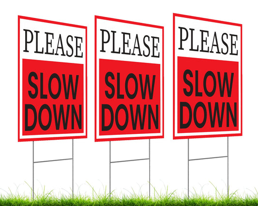 3 Pack 12x16 Double-Sided Please Slow Down Sign with Metal Wire H-Stakes - Children At Play Safety signs for Street Sign - Slow Road Sign for Neighborhoods - Speed Limit Signs