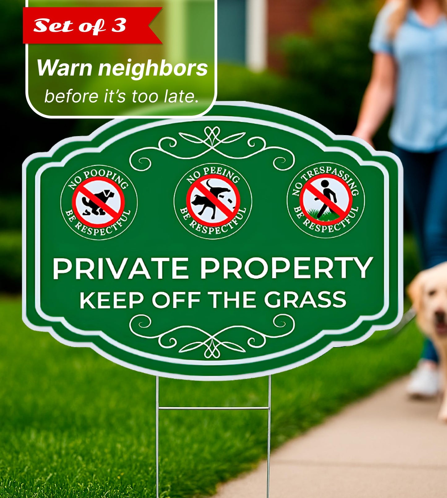 3X Double Sided 12x16 Inches Private Property Keep Off The Grass Yard Plastic Signs with Metal Stakes - Be Respectful No Pooping or Peeing Dog or No Trespassing Signs for Lawn - Be Good Neighbor Sign