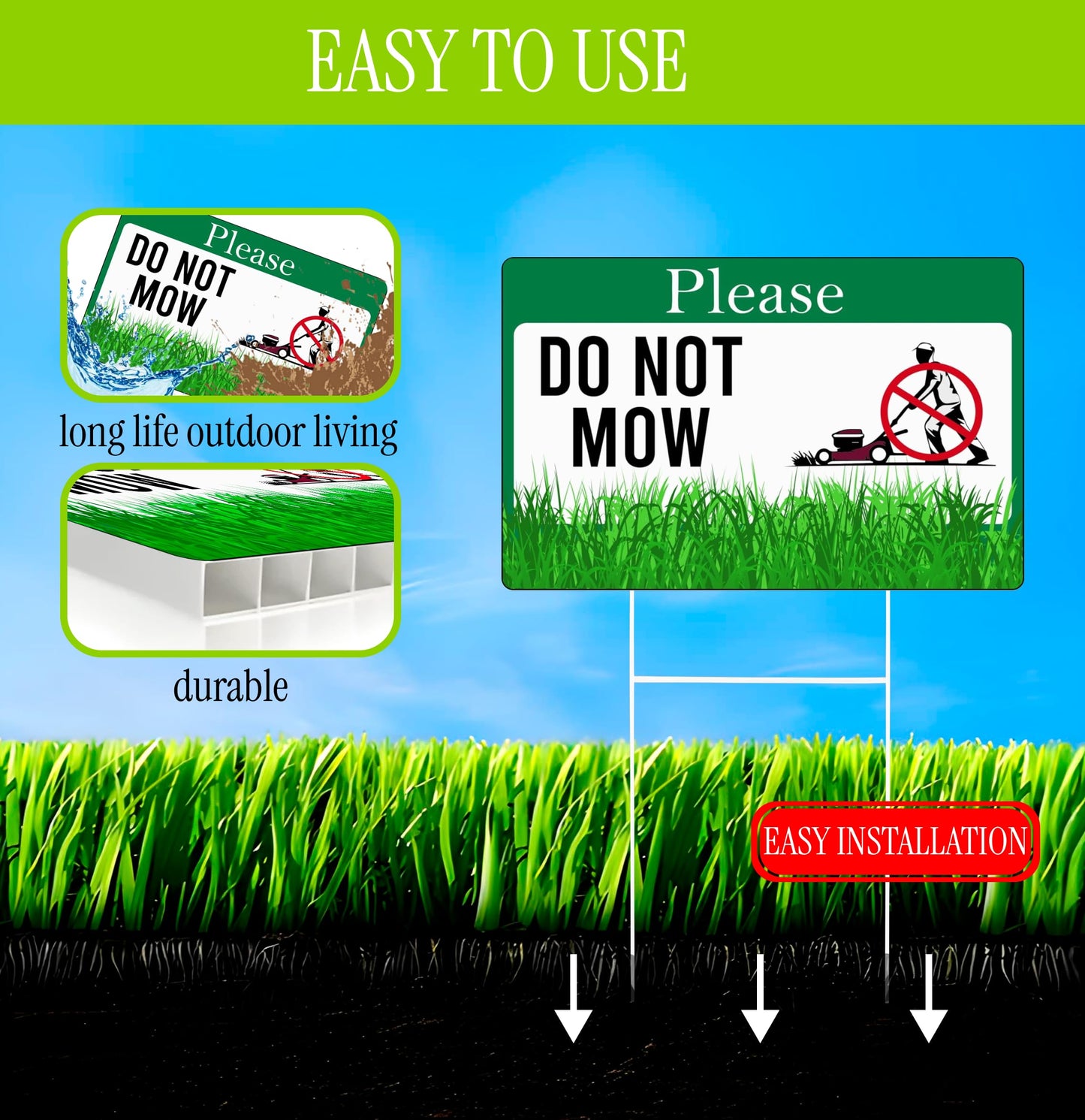 Set of 3 Double Sided Please Do Not Mow Sign with Metal Stakes - 12x8 Inches Plastics Garden Mow Signs for Outdoor and Indoor - No Mow May Yard Sign for Lawn - No Mowing Beyond This Point Sign