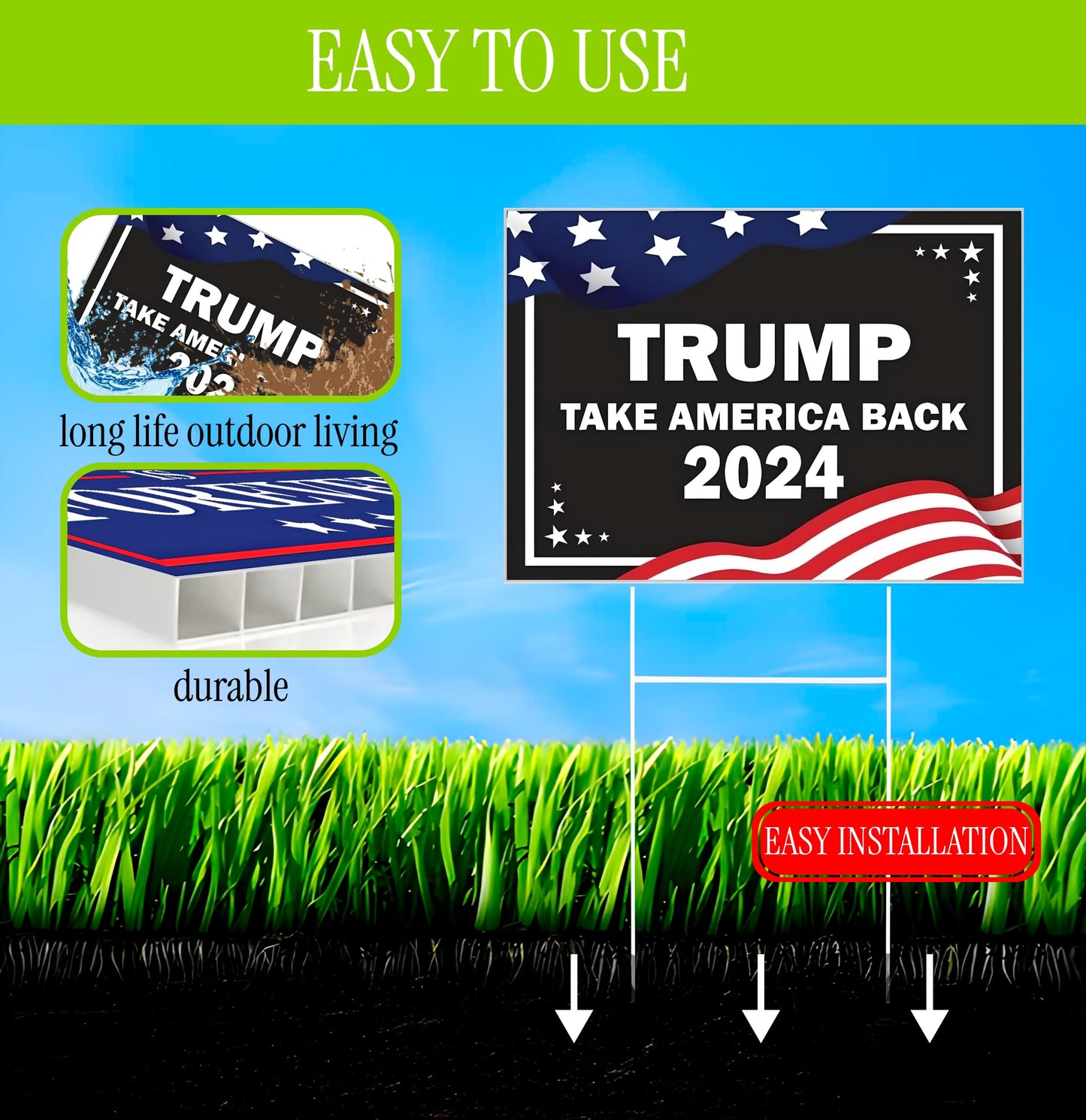 Pack of 3 2024 Yard Plastic Sign - 12x16 Coroplast Donald 2024 Yard Sign With H-Stakes Double Sided - President Take America Back - Biden Yard Sign for Republicans - Political Campaign Yard Sign