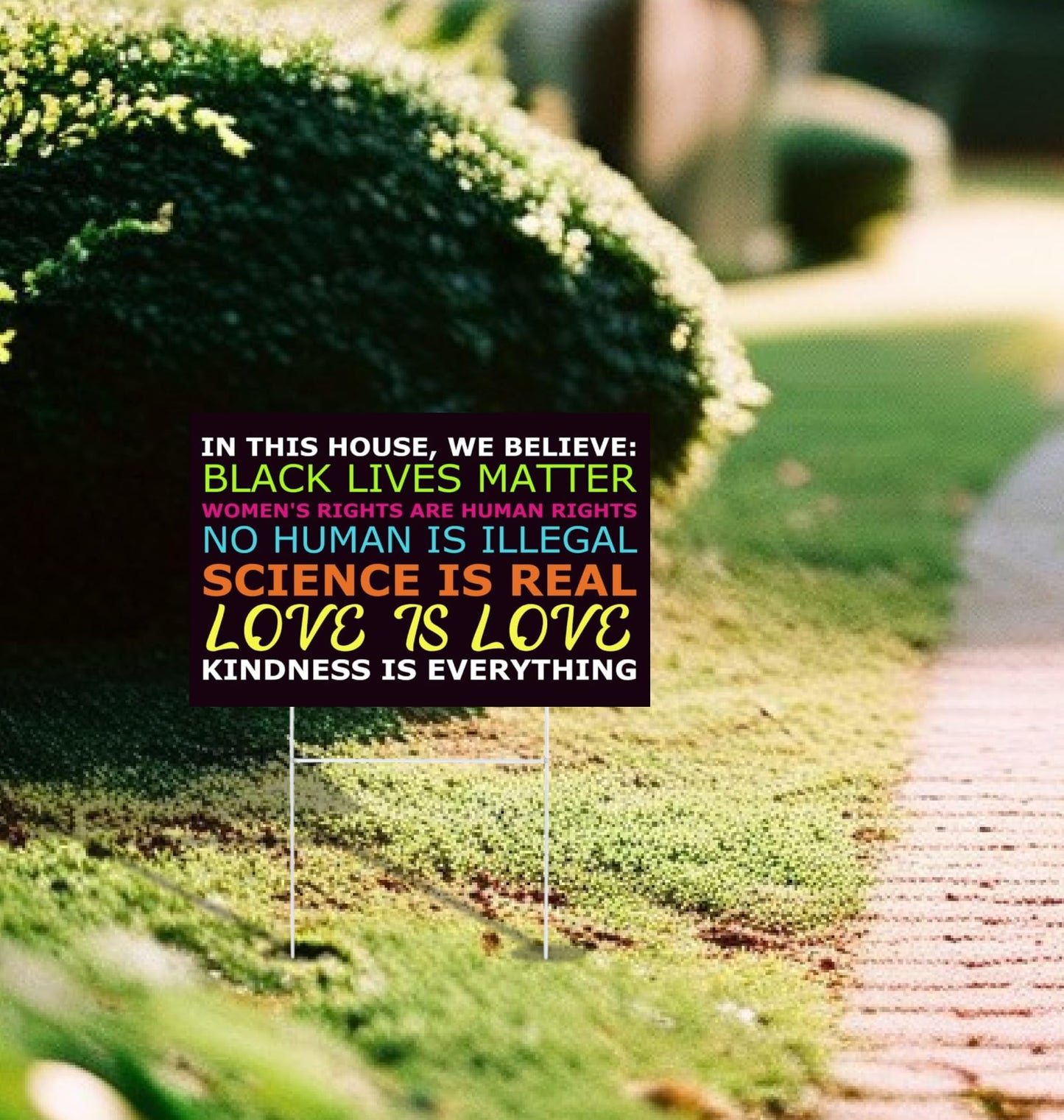 Set of 3 Double Sided 12x18 Inches In This House We Believe Lawn Sign with Metal Wire H-Stakes - Science Love Human Rights Yard Sign - Political Plastic Campaign Yard Signs