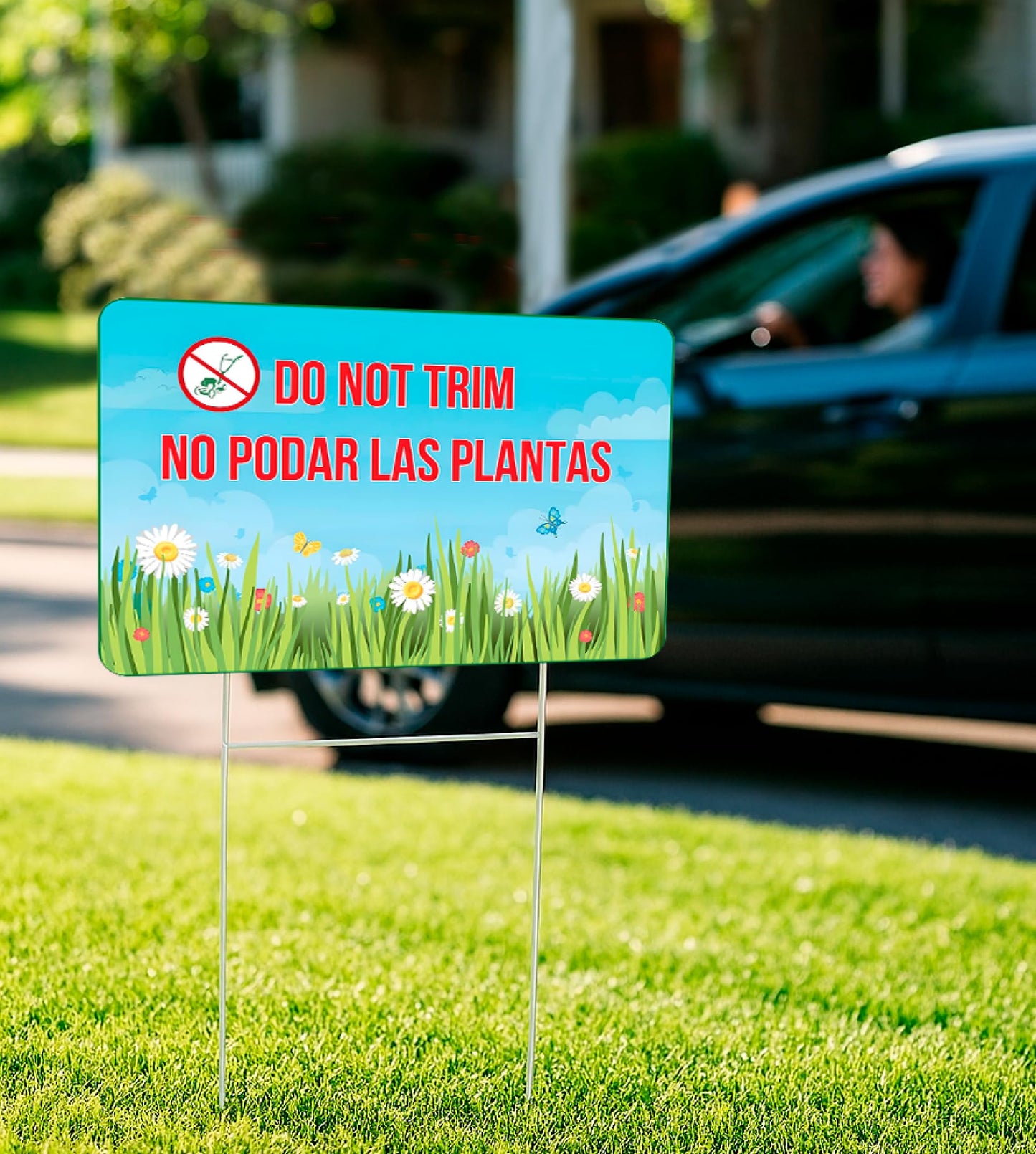 Set of 3 Double Sided 12x8 Inches Do not Trim Yard Signs with Metal Stakes - No Podar Las Plantas sign for Outdoor or Indoor - Double Sided Bilingual Plant Sign or Plastic Garden Sign