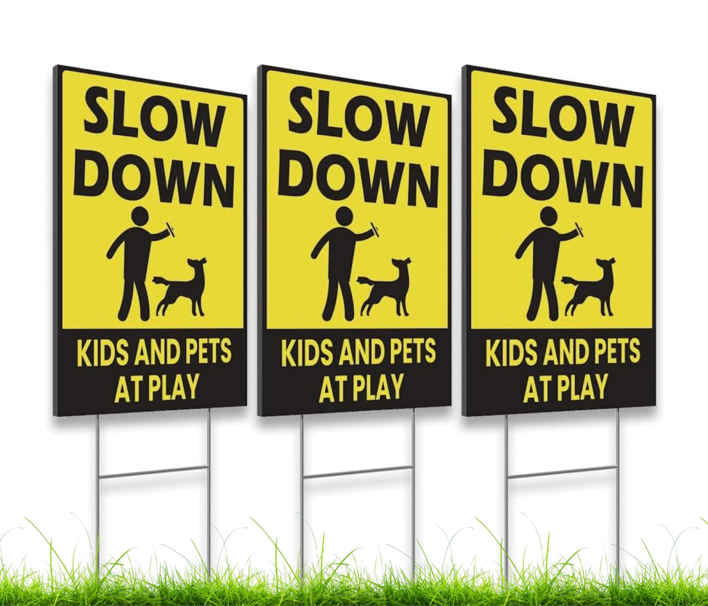 Set of 3 Plastic Slow Down Kids and Pets at Play Outdoor Safety Yard Sign 12x8 Inch - Drive Carefully As It Looks Like Your Children Live Here - Beware Children in Play with Pet Signs Double Sided