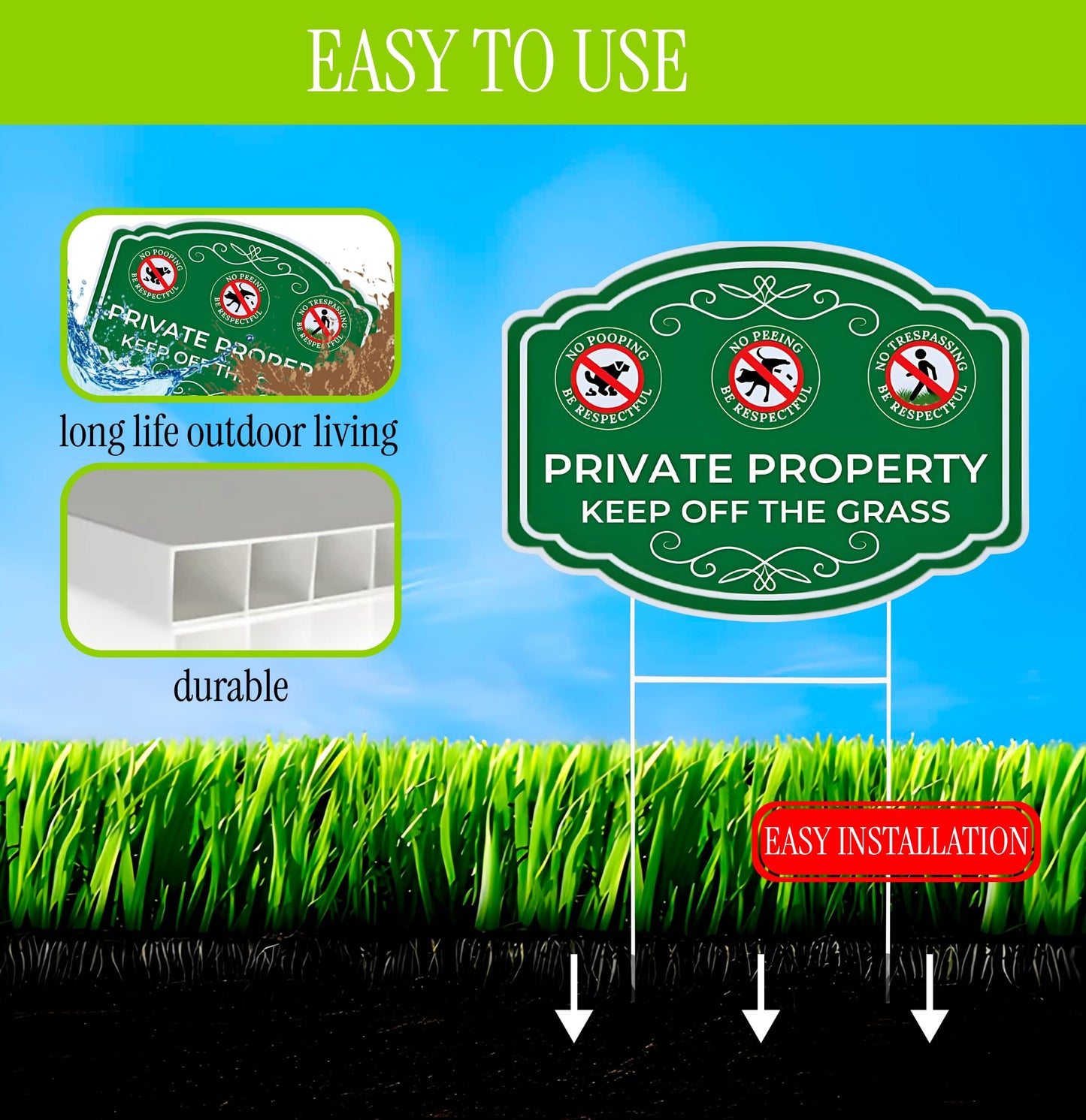 3X Double Sided 12x16 Inches Private Property Keep Off The Grass Yard Plastic Signs with Metal Stakes - Be Respectful No Pooping or Peeing Dog or No Trespassing Signs for Lawn - Be Good Neighbor Sign