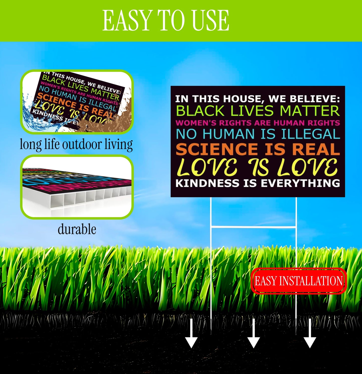 Set of 3 Double Sided 12x18 Inches In This House We Believe Lawn Sign with Metal Wire H-Stakes - Science Love Human Rights Yard Sign - Political Plastic Campaign Yard Signs