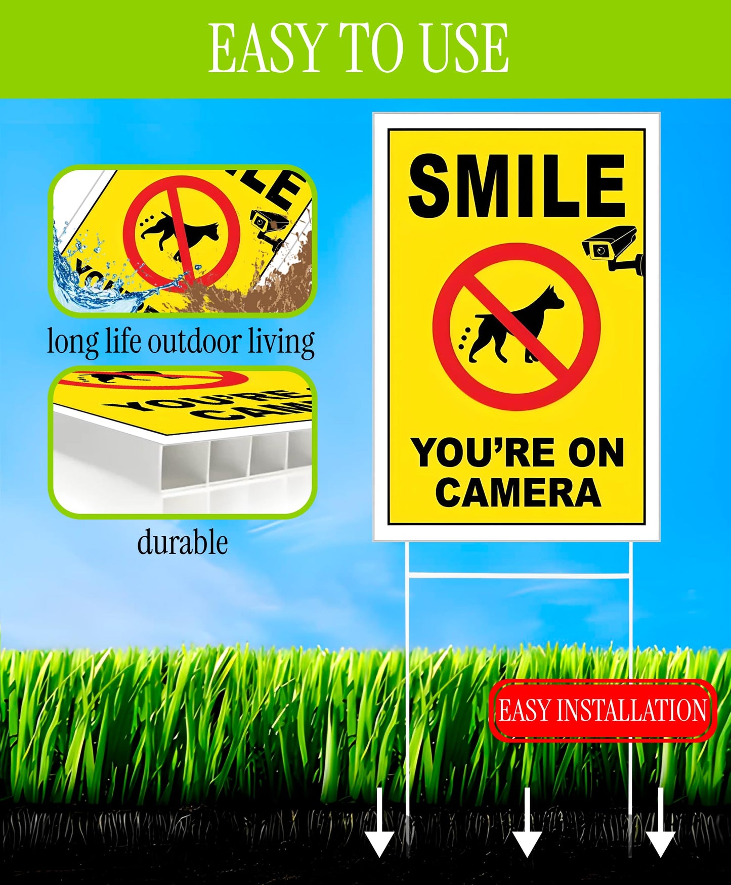 3X 8x12 Inch Smile Your on Camera Plastic Signs with Stake - No Tresspassing Private Property Video Surveillance Home Security Yard Sign - Warning for Property Single Sided Signs off Lawn Outdoor