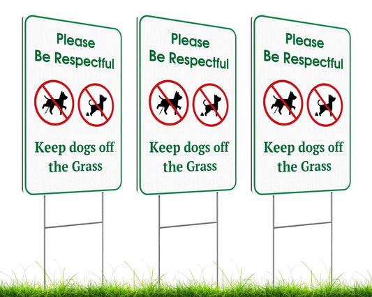 Set of 3 Double Sided 12x8 Inches Please Be Respectful Keep Dogs Off The Grass Sign - No Pooping and No Peeing Dog Signs with Stakes for Yard Garden Lawn Outdoor - Be a Good Neighbor Sign