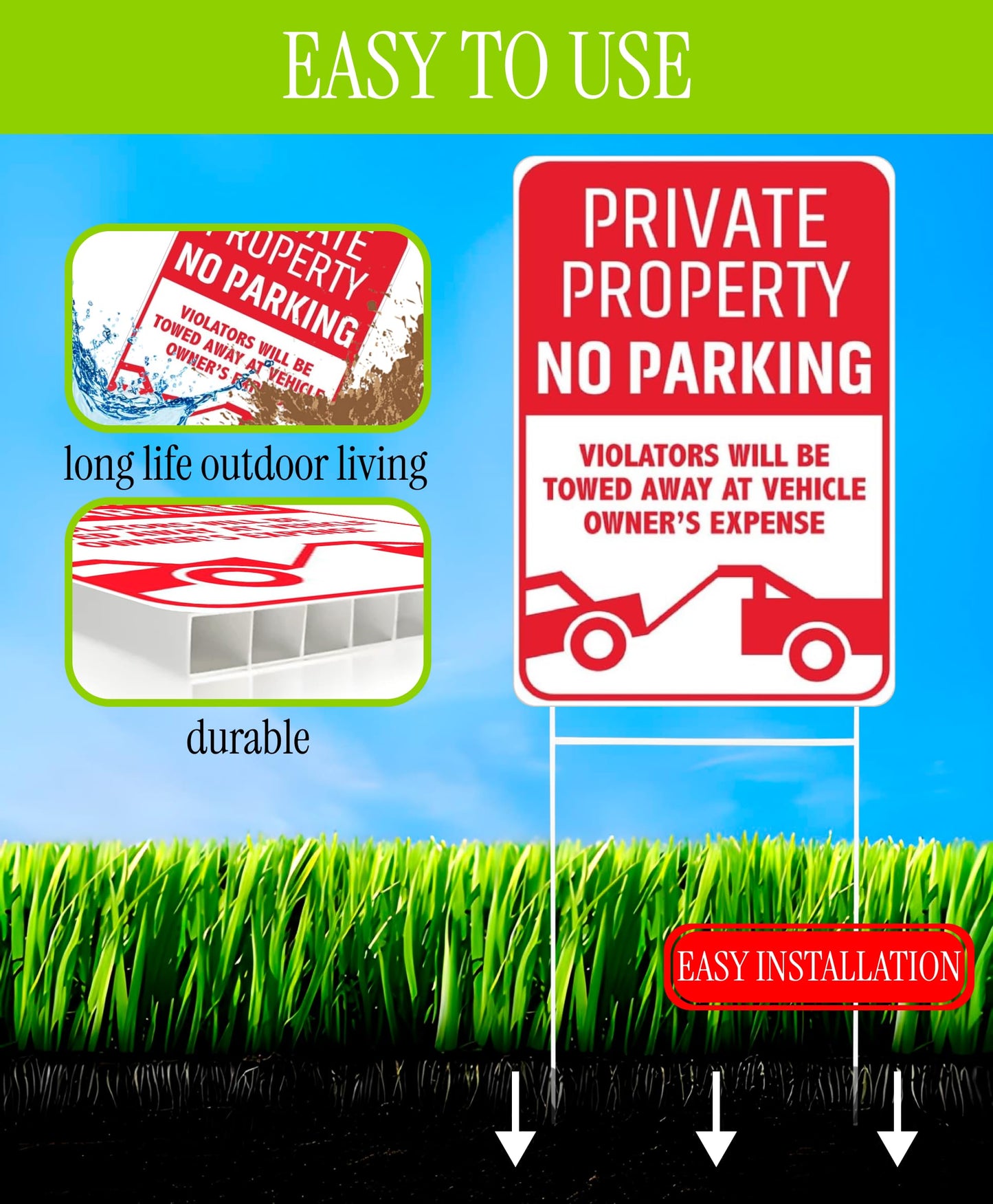 3X Private Property No Parking Plastic Sign with H-Stakes - 12x8 Inch No Parking Signs for Business - Stay Off Grass Double Sided Signs for Yard - Violators Will Be Towed Away Vehicle Owner's Expense