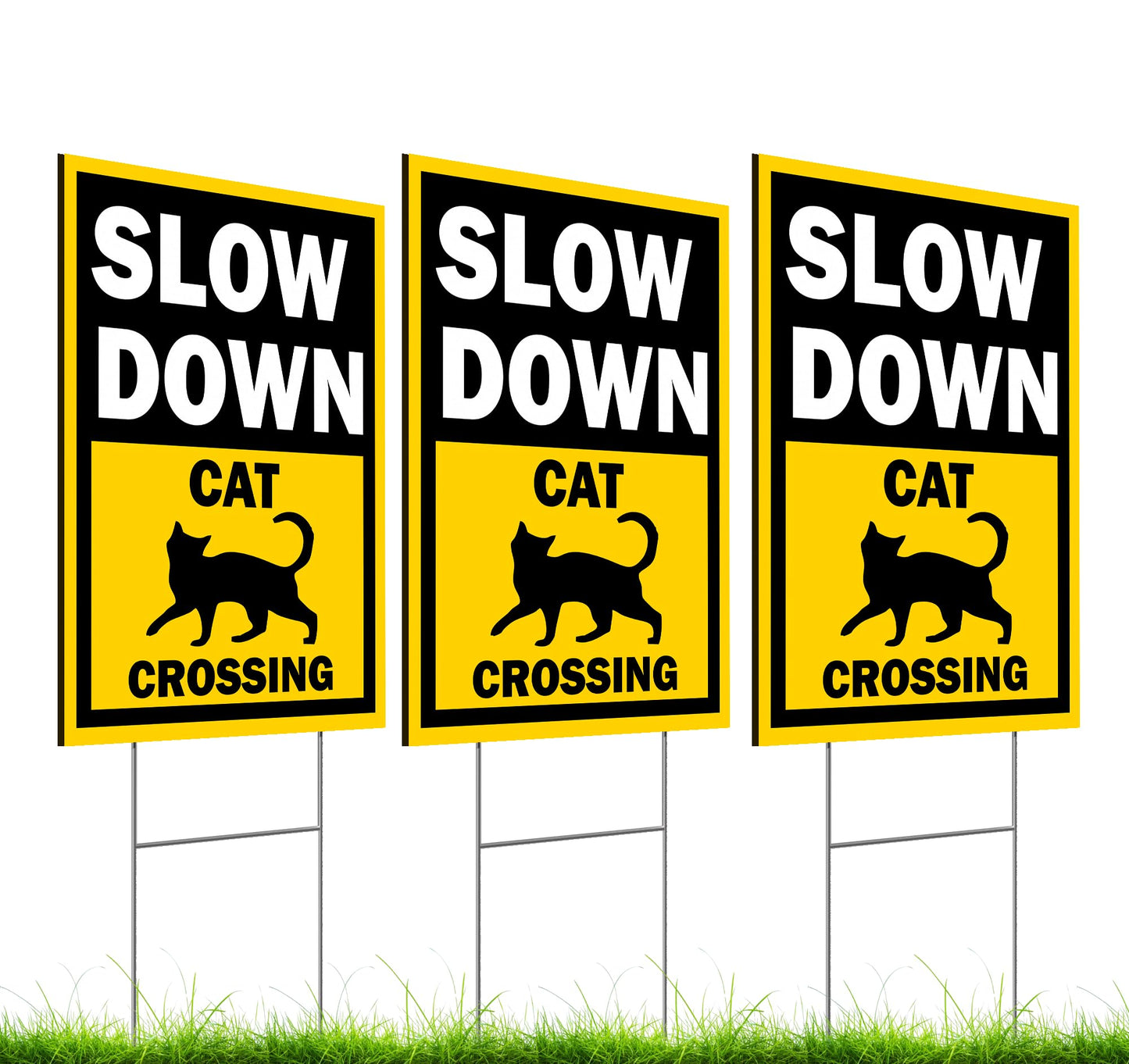 Set of 3 Double Sided 12x16 Inches Slow Down Cat Crossing Sign with Metal Wire H-Stakes - Slow Down Caution Sign For Neighborhoods Yard Farm - Plastic Decorations Animal Crossing Signs