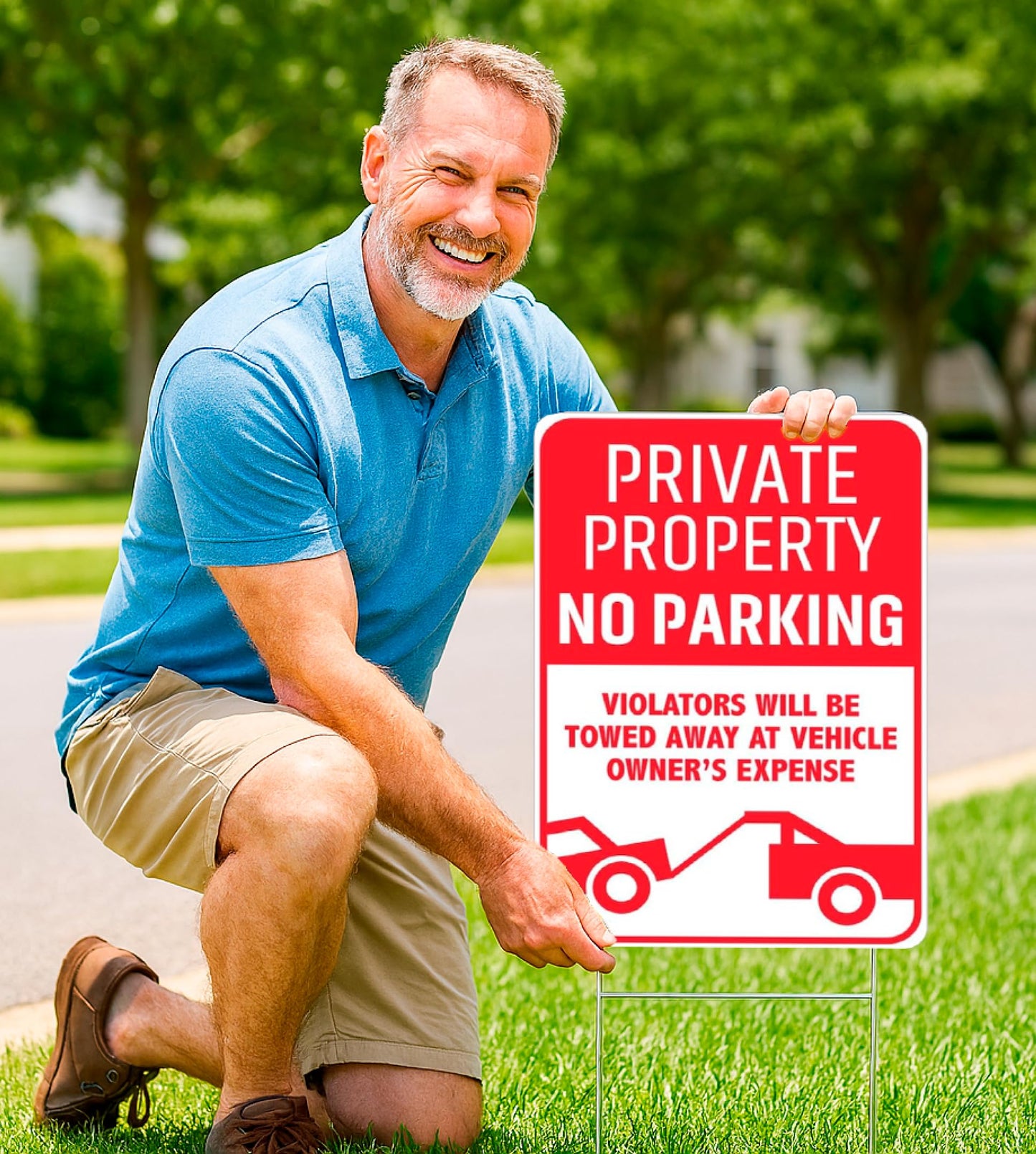 3X Private Property No Parking Plastic Sign with H-Stakes - 12x8 Inch No Parking Signs for Business - Stay Off Grass Double Sided Signs for Yard - Violators Will Be Towed Away Vehicle Owner's Expense