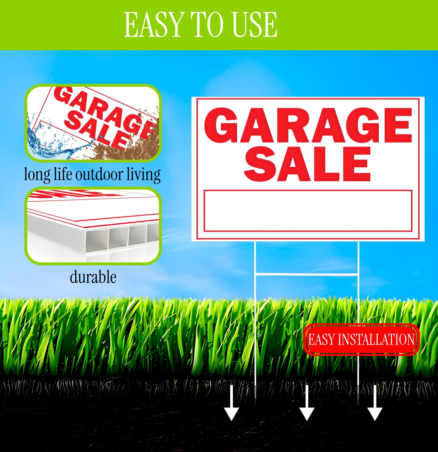 3X Double Sided 12x8 Garage Sale Sign - for Sale Signs With H-stakes Tall Stands Corrugated Plastic Plaque Custom Yard Signs with Lawn Stakes Personalized Street Sign - Garage Sale Open Door Signs