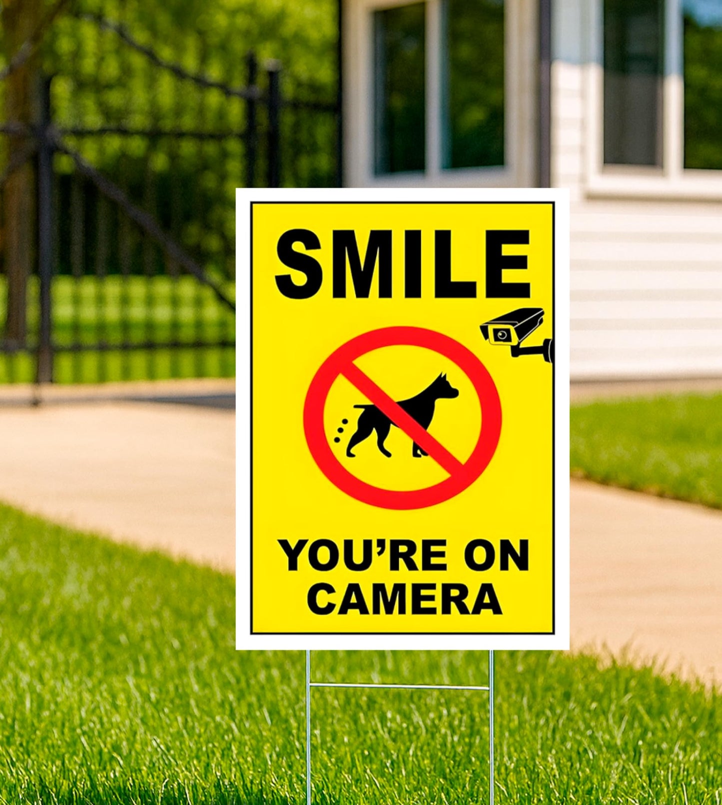 3-Pack 12x8 Inch Smile Your on Camera Signs with Stakes – Outdoor Lawn Protection No Trespassing, Video Surveillance Home Security Yard Plastic Signs – Double-Sided Warning Sign for Private Property