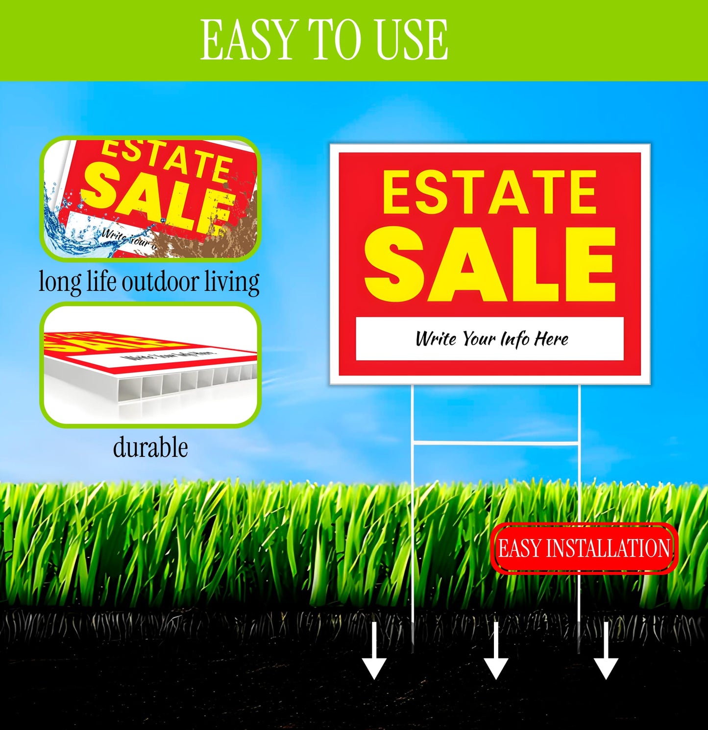 12x16 Inch 3X Double Sided Real Estate Sale Yard Sign - Estate Sale Arrows Plastic Signs with Metal H Stakes - House For Sale Sign for Real Estate Agent Realtor Supplies - Real Estate Perfect for Home