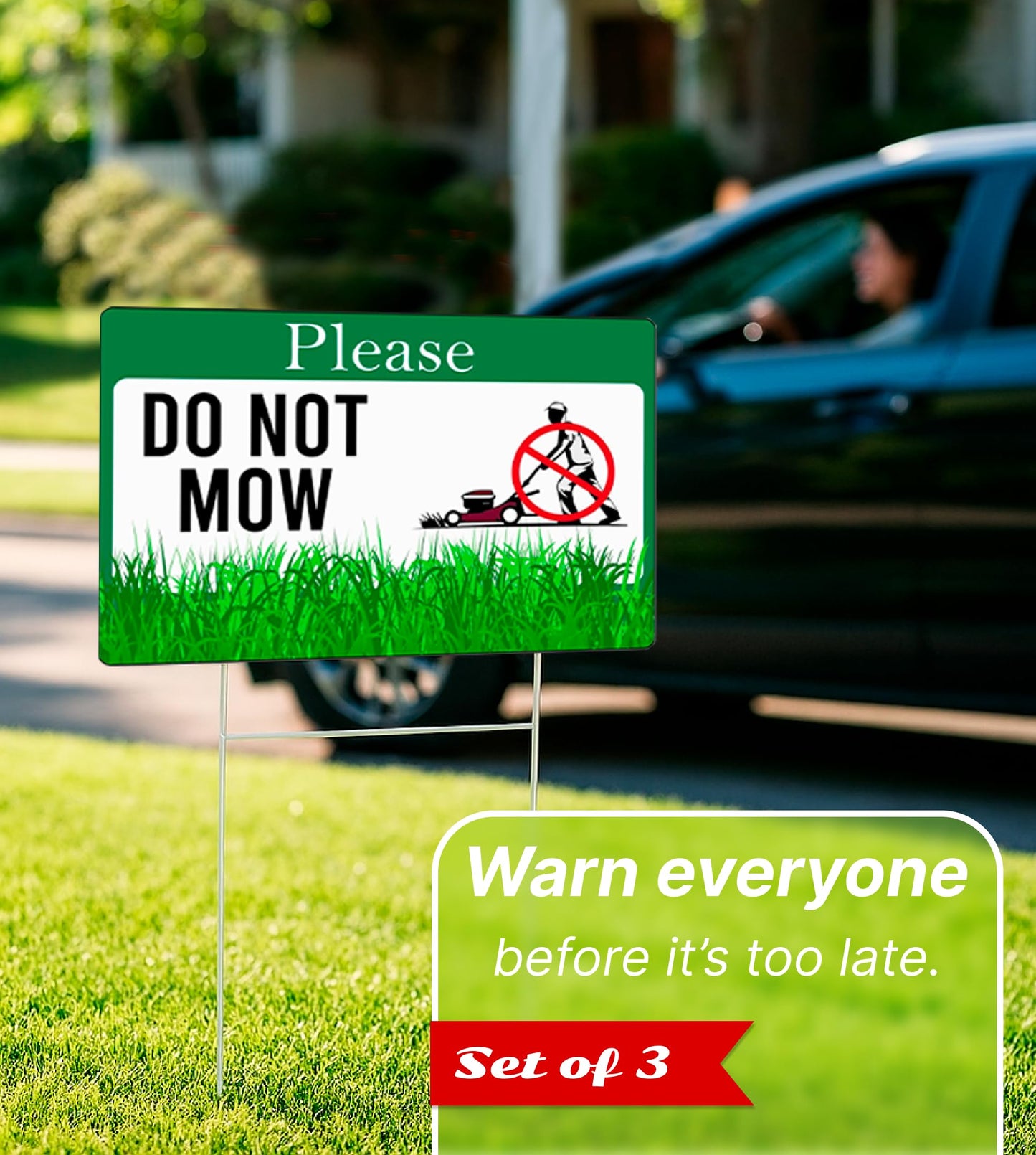 Set of 3 Double Sided Please Do Not Mow Sign with Metal Stakes - 12x8 Inches Plastics Garden Mow Signs for Outdoor and Indoor - No Mow May Yard Sign for Lawn - No Mowing Beyond This Point Sign