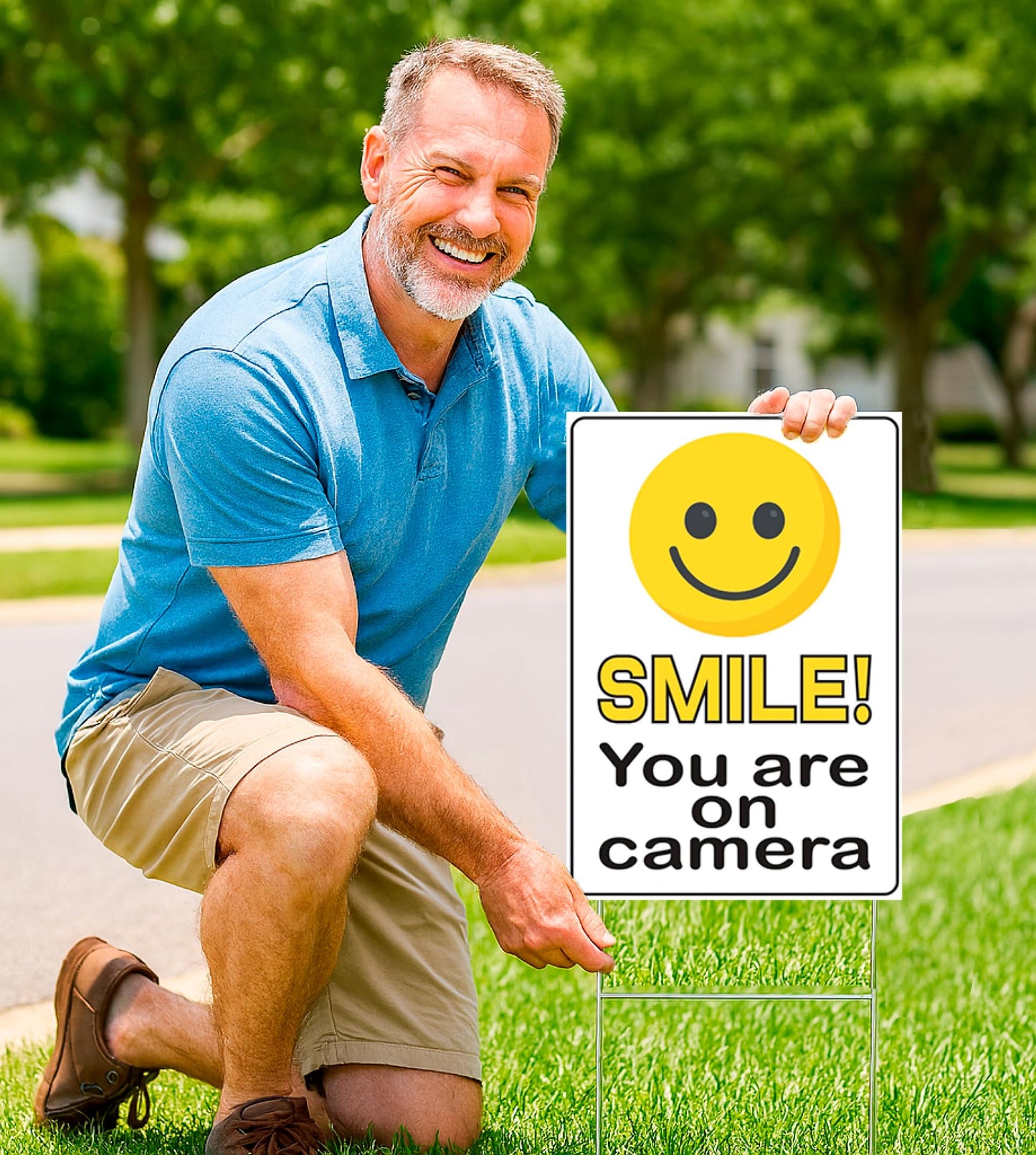 Pack of 3 Funny Smile You're On Camera Yard Signs with H-Stakes - 12"x8" Double-Sided Video Surveillance Sign Outdoor - Security Camera Plastic Sign for Yard Home House - Video Surveillance Signs