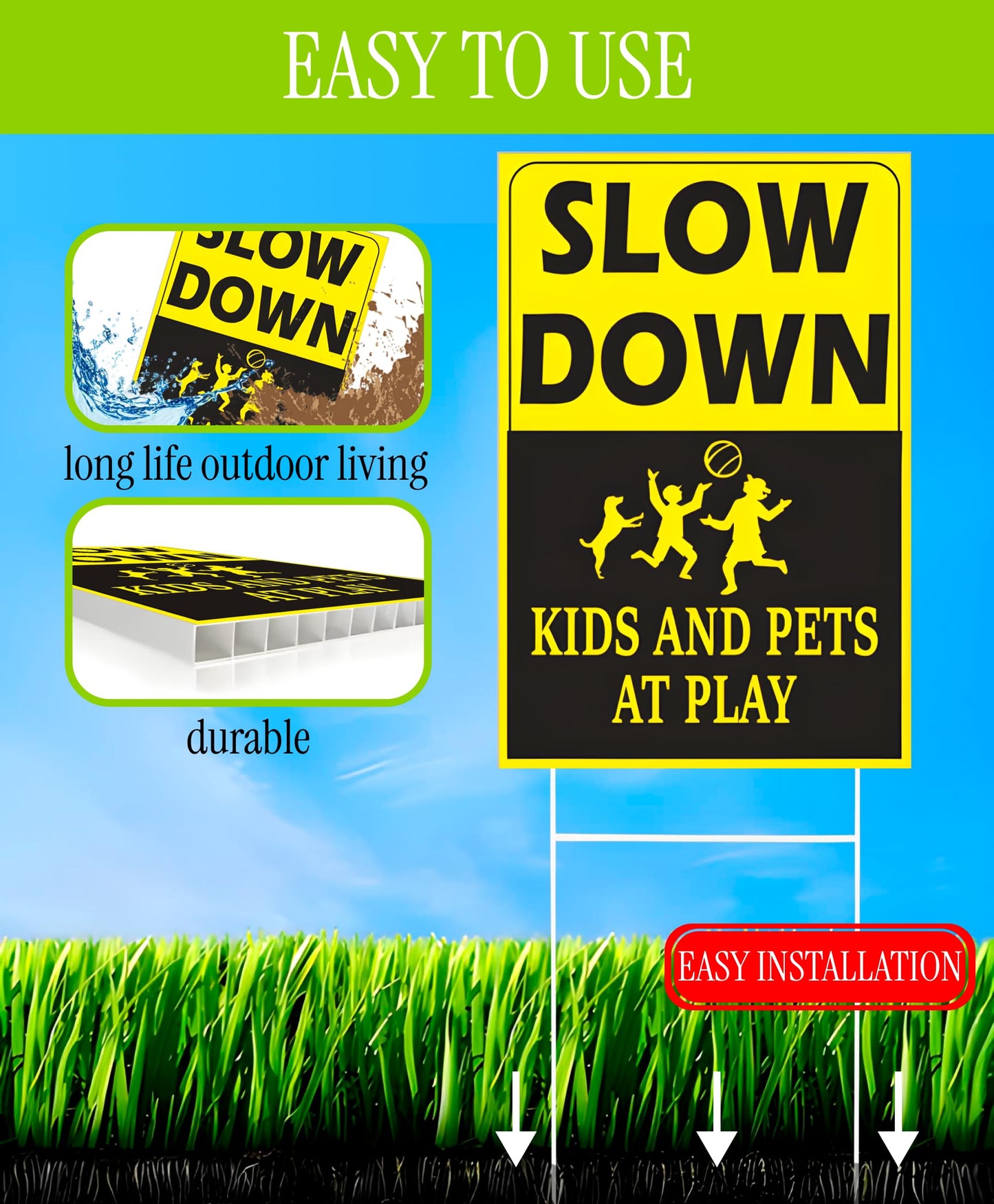 6 Pack 8x12 inch Double Sided Please Slow Down Kids and Pets at Play Yard Plastic Signs with Metal Wire H-Stakes - Drive Like Your Kids Live Here Sign - Children At Play Safety signs for Street Sign