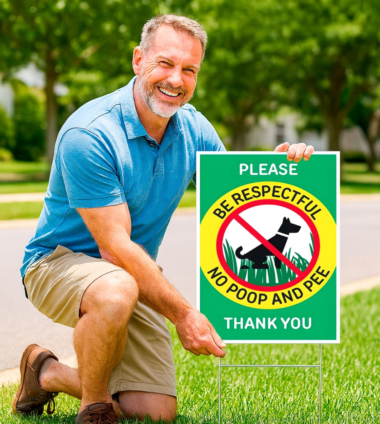 Set of 3 Double Sided 12x8 Inches Please Be Respectful No Poop And Pee Thank You Plastic Sign with Metal Stakes - No Pet Pooping or Waste or Poop - No Pooping and No Peeing Dog Yard Signs